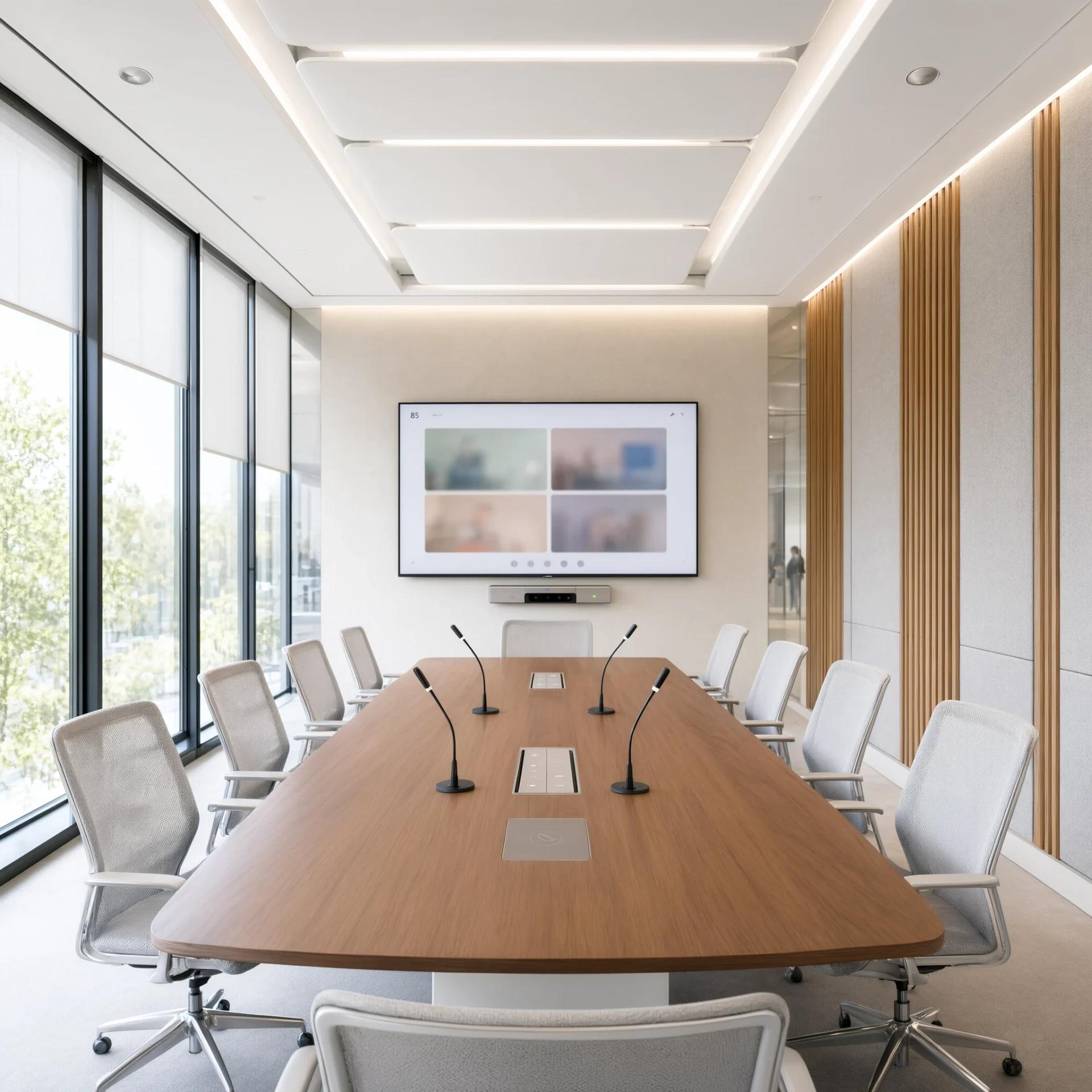 Conference room with a video wall, table microphones and ceiling audio in Dubai