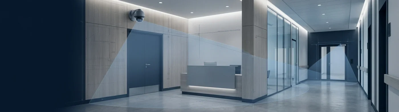 Camera coverage across a clinic reception and controlled corridor