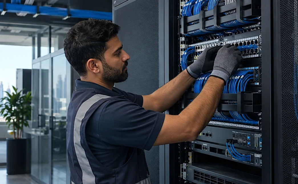 Technician terminating cabling in a network rack