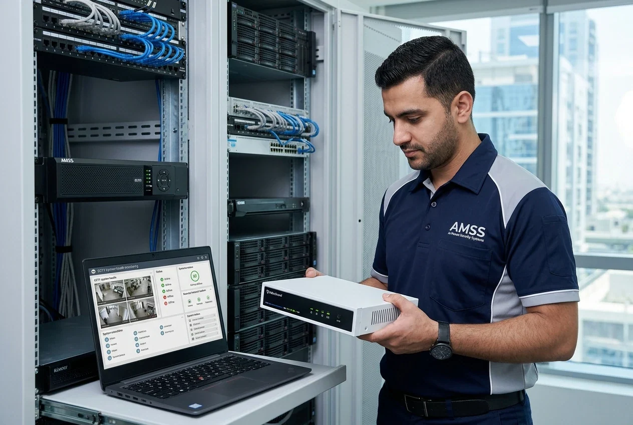 Technician holding a CCTV monitoring unit beside a network rack, with camera views and system status on a laptop