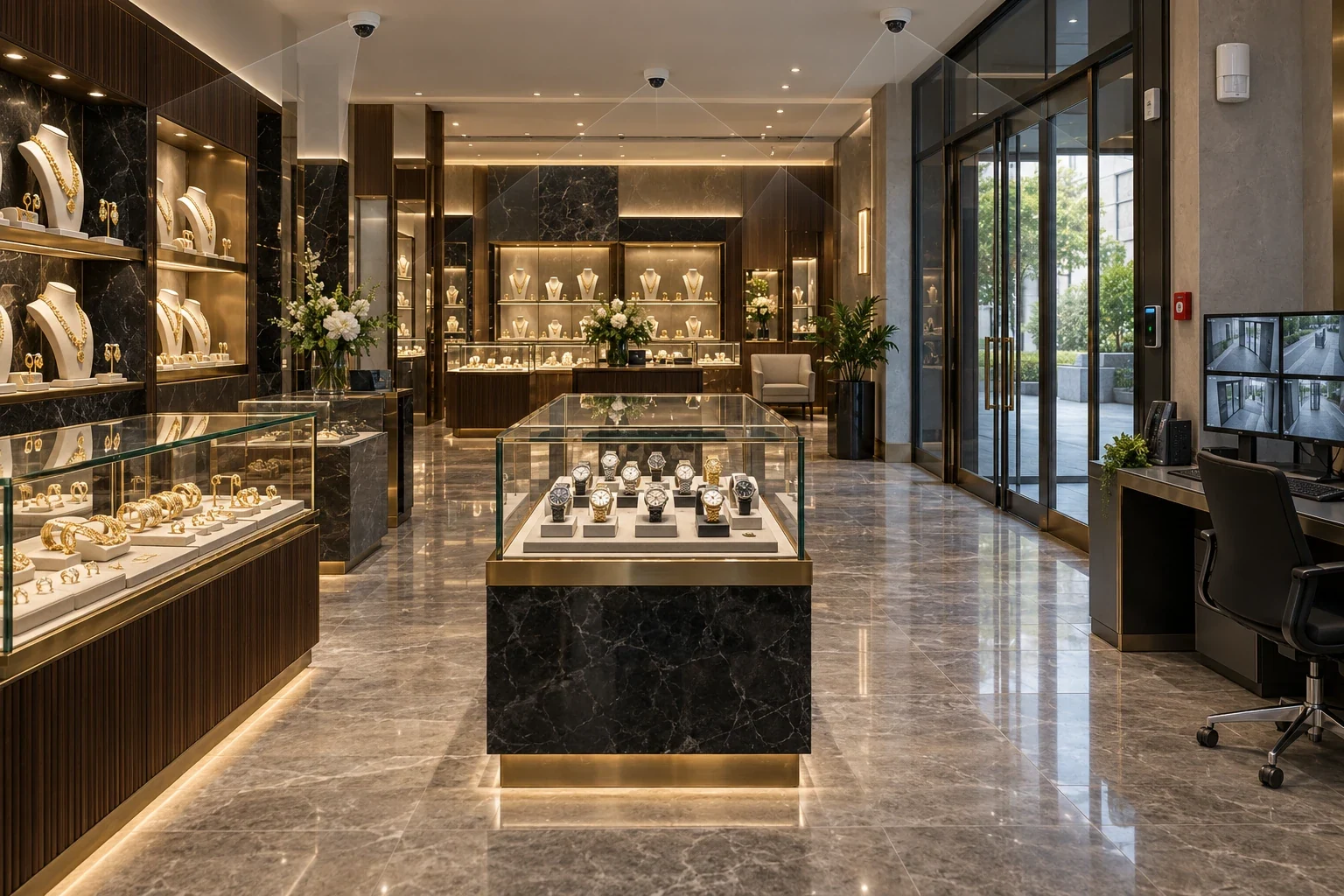 Jewellery showroom with dome cameras covering its display cases and a CCTV monitoring desk by the entrance