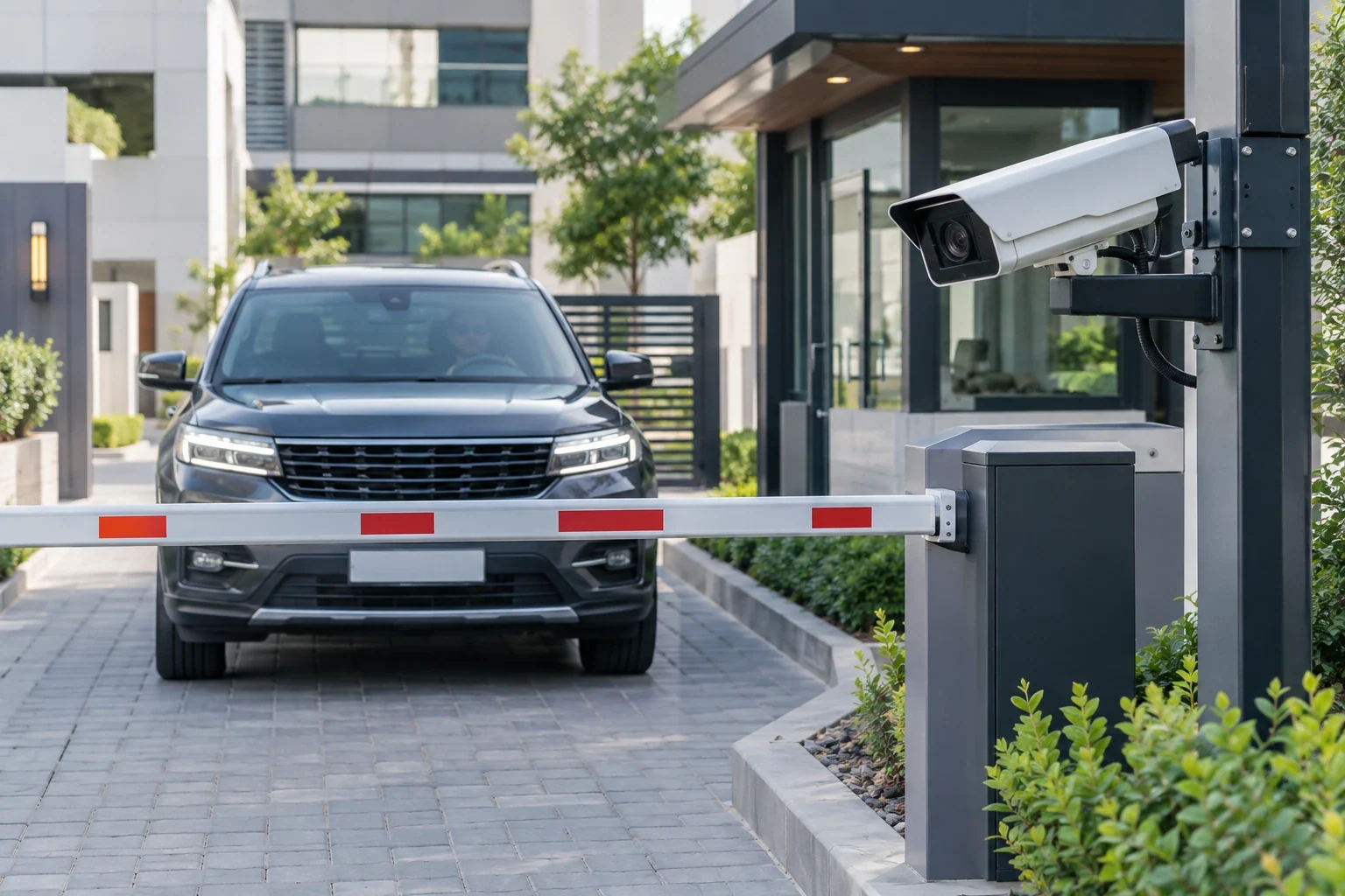 Car waiting at a closed barrier arm while a number plate recognition camera on a post faces the entrance lane