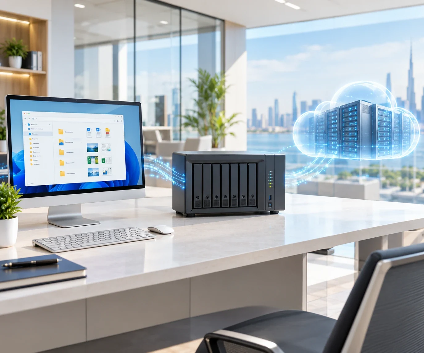 On-site backup appliance beside an office workstation in Dubai